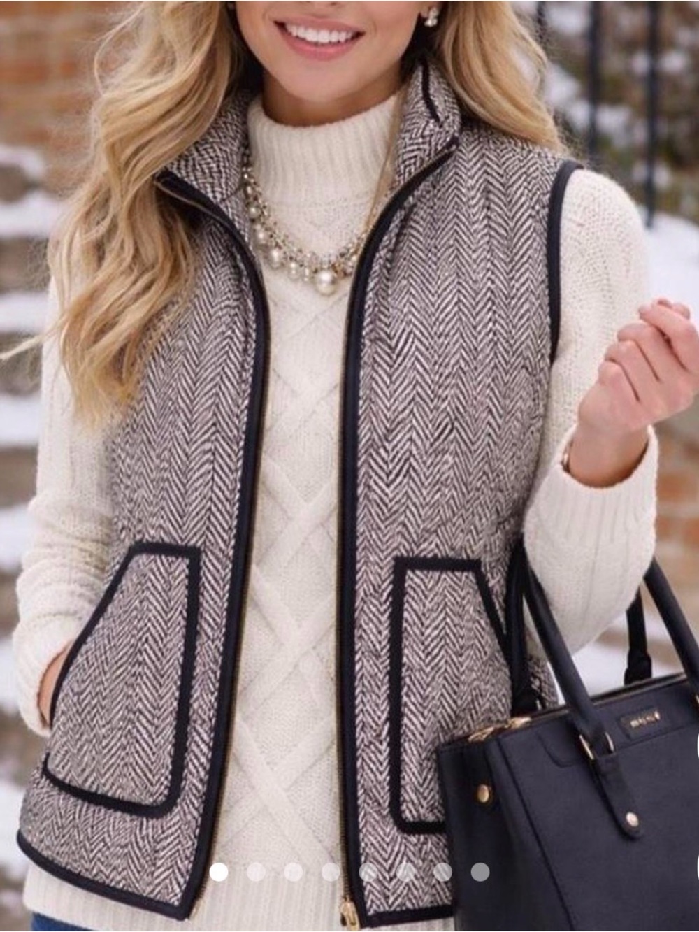 Herringbone Quilted Vest with Black Trim - Cream/Black